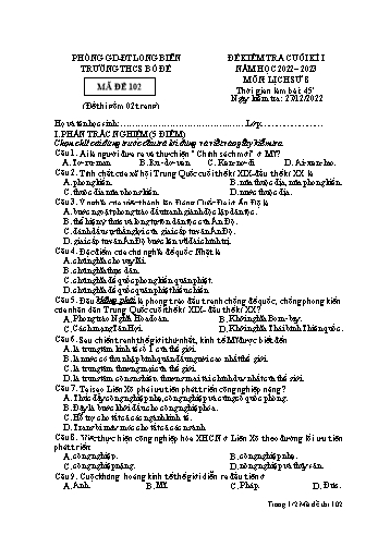Đề kiểm tra cuối kì I môn Lịch sử Lớp 8 - Năm học 2022-2023 - Trường THCS Bồ Đề - Mã đề 102