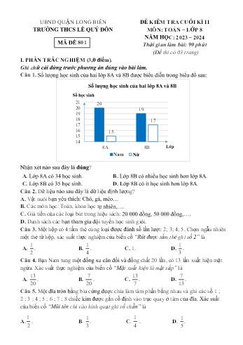 Đề kiểm tra cuối kì II môn Toán Lớp 8 - Năm học 2023-2024 - Trường THCS Lê Quý Đôn - Mã đề 801