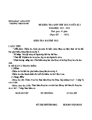 Đề kiểm tra giữa học kì I môn Thể dục Lớp 8 - Năm học 2022-2023 - Hoàng Văn Ngọc