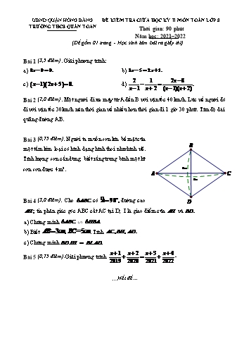 Đề kiểm tra giữa học kỳ II môn Toán Lớp 8 - Năm học 2021-2022 - Hoàng Thị Phương (Có đáp án)