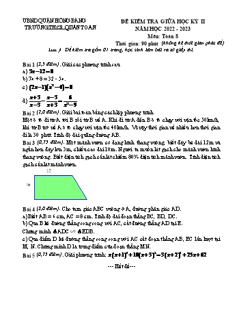 Đề kiểm tra giữa học kỳ II môn Toán Lớp 8 - Năm học 2022-2023 - Trường THCS Quán Toan (Có đáp án)