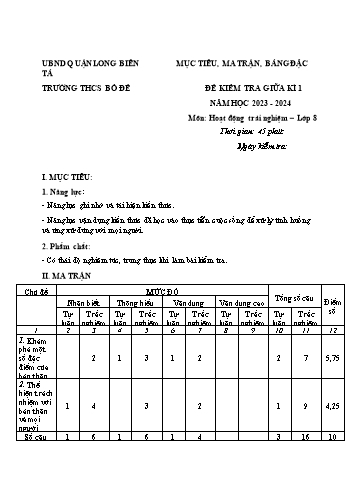 Đề kiểm tra giữa kì 1 môn Hoạt động trải nghiệm Lớp 8 - Năm học 2023-2024 - Trường THCS Bồ Đề (Có đáp án)