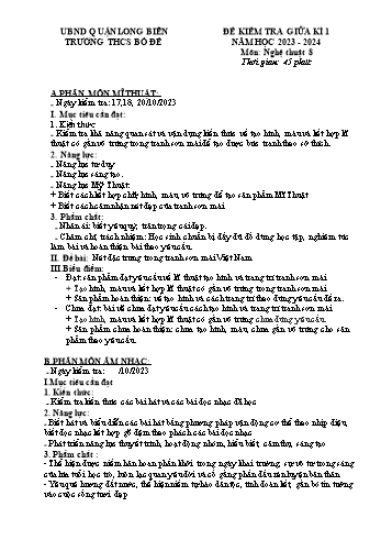Đề kiểm tra giữa kì 1 môn Nghệ thuật Lớp 8 - Năm học 2023-2024 - Trường THCS Bồ Đề