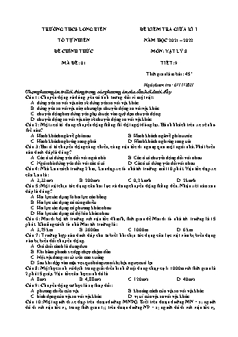 Đề kiểm tra giữa kì I môn Vật lý Lớp 8 - Năm học 2021-2022 - Trường THCS Long Biên