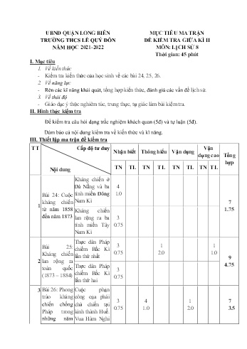 Đề kiểm tra giữa kì II môn Lịch sử Lớp 8 - Năm học 2021-2022 - Trường THCS Lê Quý Đôn