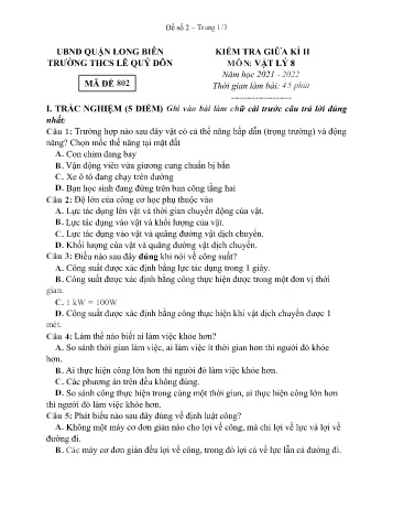 Đề kiểm tra giữa kì II môn Vật lý Lớp 8 - Năm học 2021-2022 - Trường THCS Lê Quý Đôn