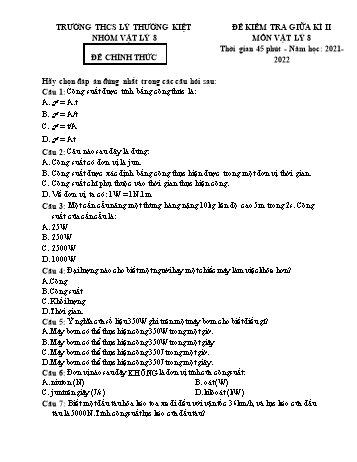 Đề kiểm tra giữa kì II môn Vật lý Lớp 8 - Năm học 2021-2022 - Trường THCS Lý Thường Kiệt