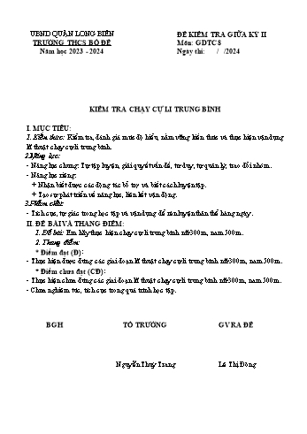 Đề kiểm tra giữa kỳ II môn Giáo dục thể chất Lớp 8 - Năm học 2023-2024 - Lê Thị Đông (Có đáp án)