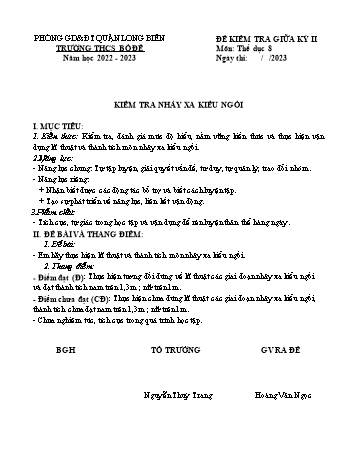 Đề kiểm tra giữa kỳ II môn Thể dục Lớp 8 - Năm học 2022-2023 - Hoàng Văn Ngọc (Có đáp án)