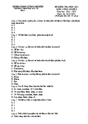 Đề kiểm tra học kì I môn Công nghệ Lớp 8 - Năm học 2021-2022 - Trường THCS Ngô Gia Tự (Có đáp án)