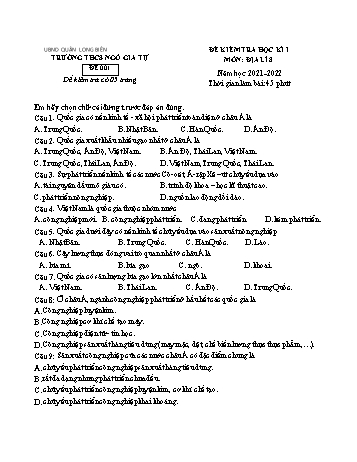 Đề kiểm tra học kì I môn Địa lí Lớp 8 - Năm học 2021-2022 - Trường THCS Ngô Gia Tự (Có đáp án)