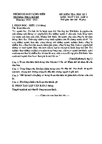 Đề kiểm tra học kì I môn Ngữ văn Lớp 8 - Năm học 2022-2023 - Kim Thị Viên (Có đáp án)