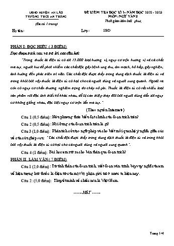 Đề kiểm tra học kì I môn Ngữ văn Lớp 8 - Năm học 2022-2023 - Trường THCS An Thắng (Có đáp án)