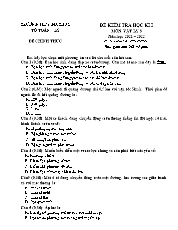 Đề kiểm tra học kì I môn Vật lý Lớp 8 - Năm học 2021-2022 - Trần Thị Huệ Chi (Có đáp án)