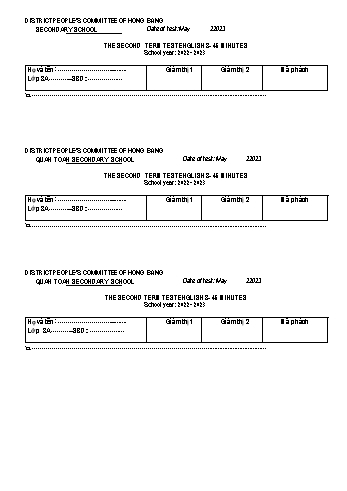 Đề kiểm tra học kì II môn Tiếng Anh Lớp 8 - Năm học 2022-2023 - Trường THCS Quán Toan (Có file nghe + đáp án)