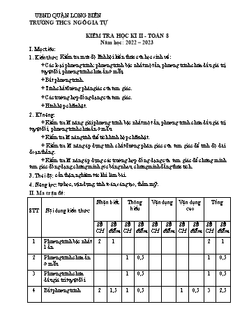 Đề kiểm tra học kì II môn Toán Lớp 8 - Năm học 2022-2023 - Nguyễn Thị Thoa (Có đáp án)