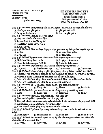 Đề kiểm tra học kỳ I môn Sinh học Lớp 8 - Năm học 2021-2022 - Trường THCS Lý Thường Kiệt