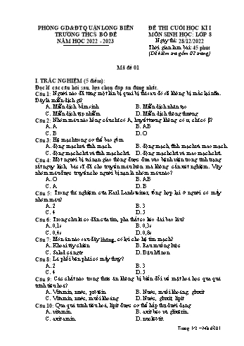 Đề thi cuối học kì I môn Sinh học Lớp 8 - Năm học 2022-2023 - Trường THCS Bồ Đề