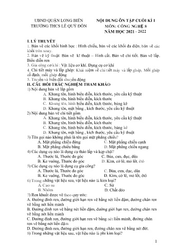 Đề cương ôn tập cuối kì I môn Công nghệ Lớp 8 - Năm học 2021-2022 - Tạ Thị Tuyết Sơn