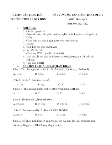 Đề cương ôn tập kiểm tra cuối kì I môn Hóa học Lớp 8 - Năm học 2021-2022 - Trường THCS Lê Quý Đôn