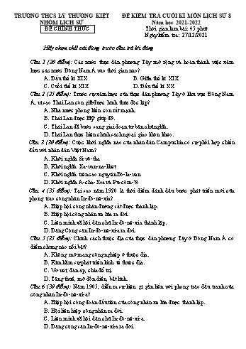 Đề kiểm tra cuối học kì I môn Lịch sử Lớp 8 - Năm học 2021-2022 - Trường THCS Lý Thường Kiệt (Có đáp án)