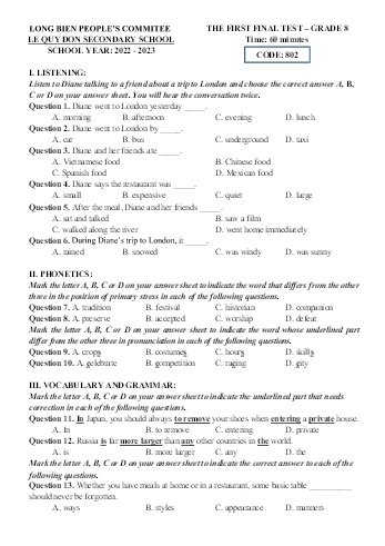 Đề kiểm tra cuối học kì I môn Tiếng Anh Lớp 8 - Năm học 2022-2023 - Trường THCS Lê Quý Đôn - Mã đề 802