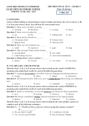 Đề kiểm tra cuối học kì I môn Tiếng Anh Lớp 8 - Năm học 2022-2023 - Trường THCS Lê Quý Đôn - Mã đề 803