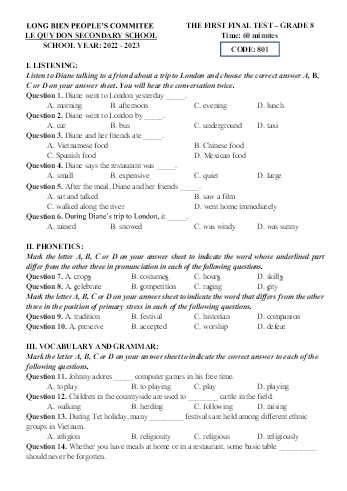 Đề kiểm tra cuối học kì I môn Tiếng Anh Lớp 8 - Năm học 2022-2023 - Trường THCS Lê Quý Đôn - Mã đề 801
