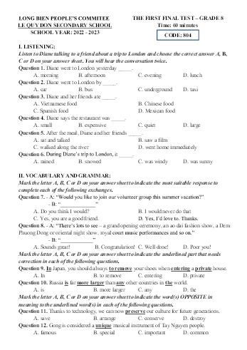 Đề kiểm tra cuối học kì I môn Tiếng Anh Lớp 8 - Năm học 2022-2023 - Trường THCS Lê Quý Đôn - Mã đề 804