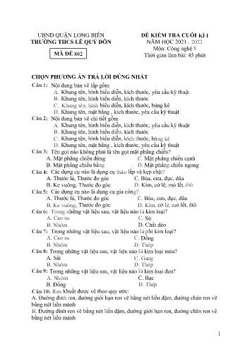 Đề kiểm tra cuối kì I môn Công nghệ Lớp 8 - Năm học 2021-2022 - Tạ Thị Tuyết Sơn - Mã đề 802 (Có đáp án)