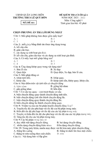 Đề kiểm tra cuối kì I môn Công nghệ Lớp 8 - Năm học 2021-2022 - Tạ Thị Tuyết Sơn - Mã đề 801 (Có đáp án)