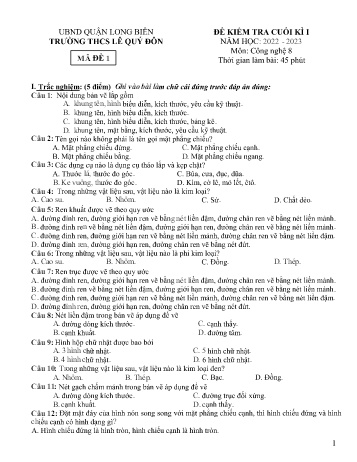 Đề kiểm tra cuối kì I môn Công nghệ Lớp 8 - Năm học 2022-2023 - Trường THCS Lê Quý Đôn