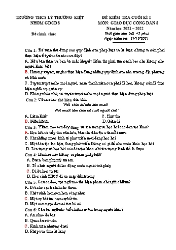 Đề kiểm tra cuối kì I môn Giáo dục công dân Lớp 8 - Năm học 2021-2022 - Trường THCS Lý Thường Kiệt (Có đáp án)