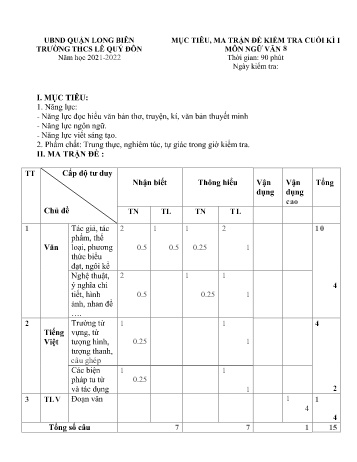 Đề kiểm tra cuối kì I môn Ngữ văn Lớp 8 - Năm học 2021-2022 - Nguyễn Thị Ngọc Hiển (Có đáp án)