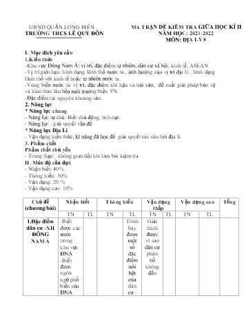 Đề kiểm tra giữa học kì II môn Địa lý Lớp 8 - Năm học 2021-2022 - Nguyễn Thị Thu Hương (Có đáp án)