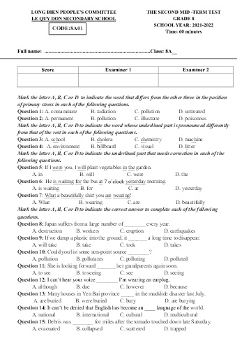 Đề kiểm tra giữa học kì II môn Tiếng Anh Lớp 8 - Năm học 2021-2022 - Trường THCS Lê Quý Đôn - Mã đề 8A01