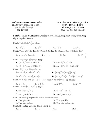 Đề kiểm tra giữa học kỳ I môn Toán Lớp 8 - Năm học 2023-2024 - Trường THCS Lê Quý Đôn