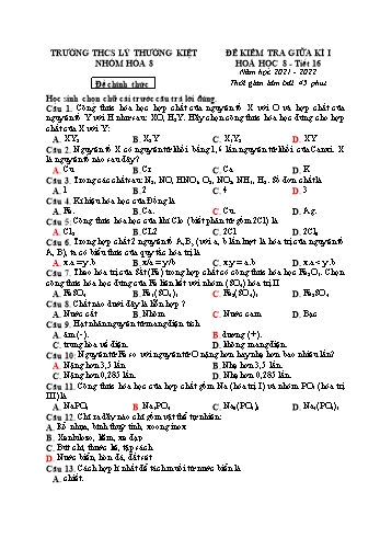 Đề kiểm tra giữa kì I môn Hóa học Lớp 8 - Năm học 2021-2022 - Trường THCS Lý Thường Kiệt