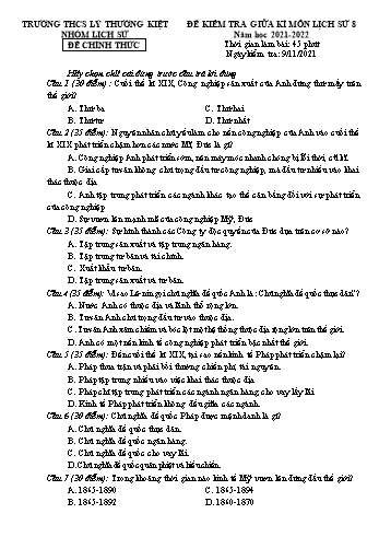 Đề kiểm tra giữa kì I môn Lịch sử Lớp 8 - Năm học 2021-2022 - Trường THCS Lý Thường Kiệt (Có đáp án)