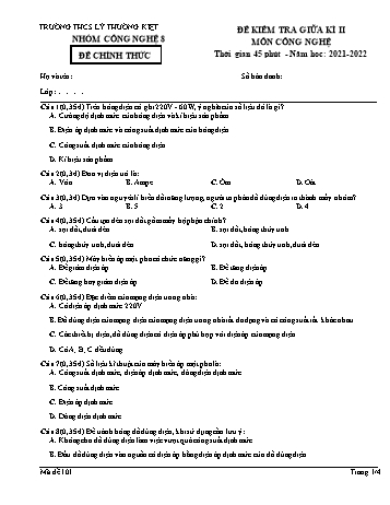 Đề kiểm tra giữa kì II môn Công nghệ Lớp 8 - Năm học 2021-2022 - Trường THCS Lý Thường Kiệt