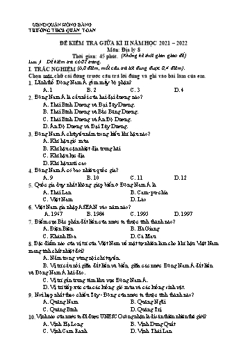 Đề kiểm tra giữa kì II môn Địa lý Lớp 8 - Năm học 2021-2022 - Trường THCS Quán Toan (Có đáp án)