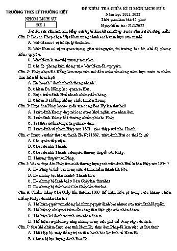 Đề kiểm tra giữa kì II môn Lịch sử Lớp 8 - Năm học 2021-2022 - Trường THCS Lý Thường Kiệt