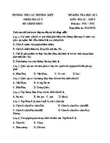 Đề kiểm tra học kì I môn Địa lý Lớp 8 - Năm học 2021-2022 - Trường THCS Lý Thường Kiệt (Có đáp án)