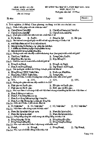 Đề kiểm tra học kì I môn Địa lý Lớp 8 - Năm học 2022-2023 - Trường THCS An Thắng (Có đáp án)
