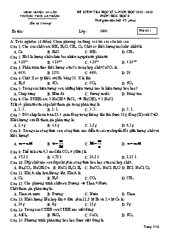 Đề kiểm tra học kì I môn Hóa học Lớp 8 - Năm học 2022-2023 - Trường THCS An Thắng (Có đáp án)