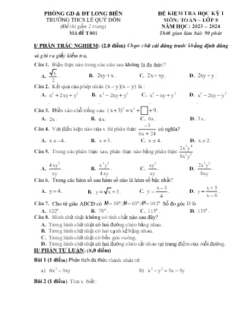 Đề kiểm tra học kỳ I môn Toán Lớp 8 - Năm học 2023-2024 - Trường THCS Lê Quý Đôn