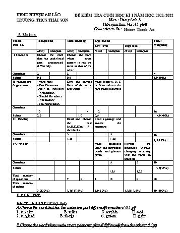 Đề kiểm tra cuối học kì I môn Tiếng Anh Lớp 8 - Năm học 2021-2022 - Hoàng Thanh An (Có đáp án)