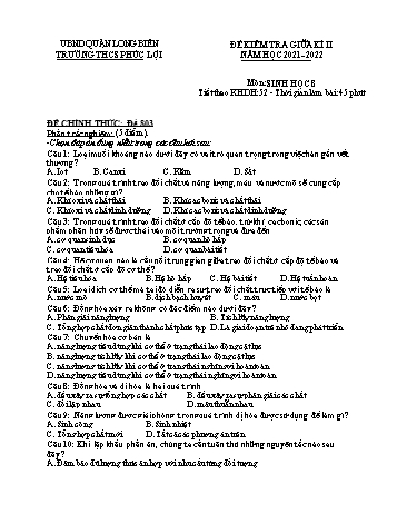 Đề kiểm tra giữa kì II môn Sinh học Lớp 8 - Năm học 2021-2022 - Trường THCS Phúc Lợi - Đề 803