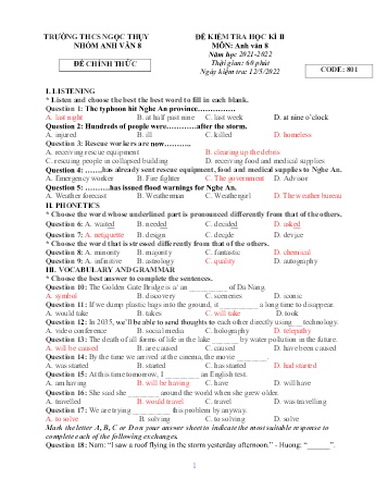 Đề kiểm tra học kì II môn Ngữ văn Lớp 8 - Năm học 2021-2022 - Trường THCS Ngọc Thụy (Có đáp án)